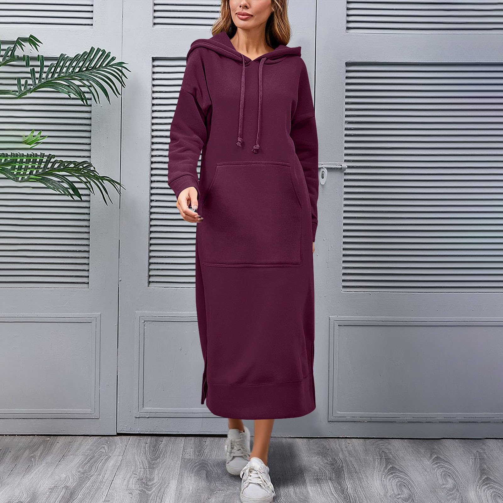 Robe longue à capuche pour femme, robe longue surdimensionnée avec cordon de serrage et poche