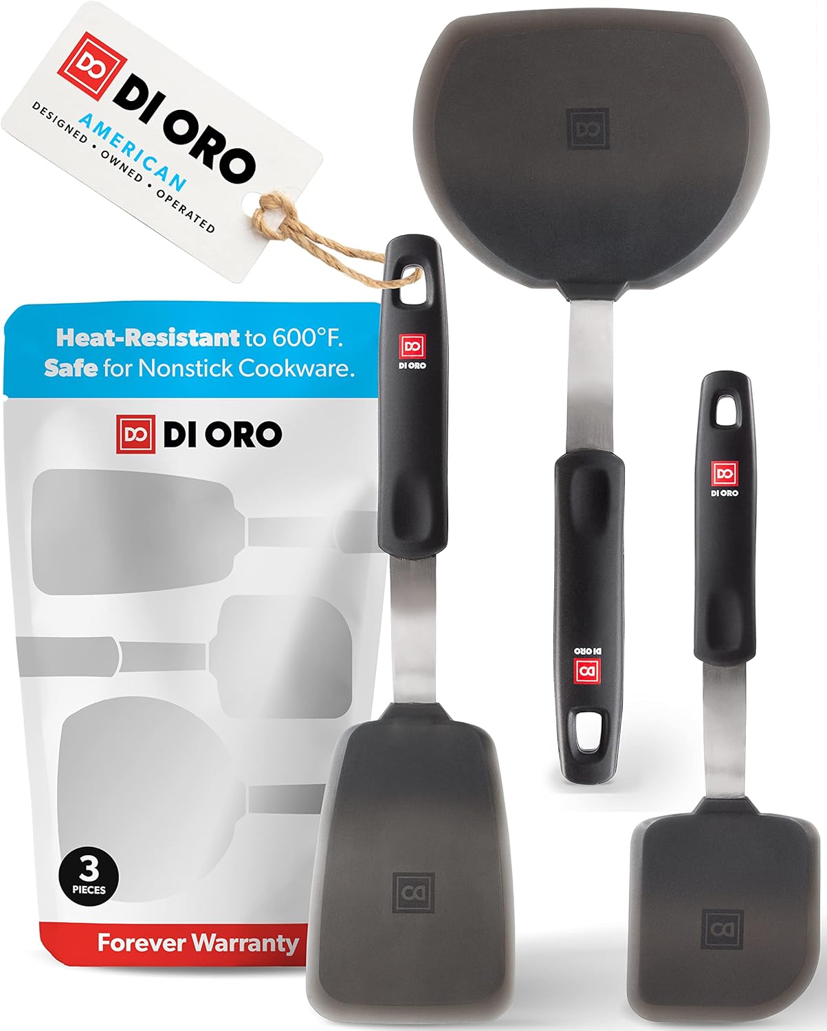 DI ORO Living Spatulas for Kitchen Use - Spatulas Silicone Heat-Resistant up to 600°F - Turner Spatula Set for Cooking - BPA Free Wide Pancake Spatulas - Egg Flippers for Nonstick Cookware Safe (3pc)