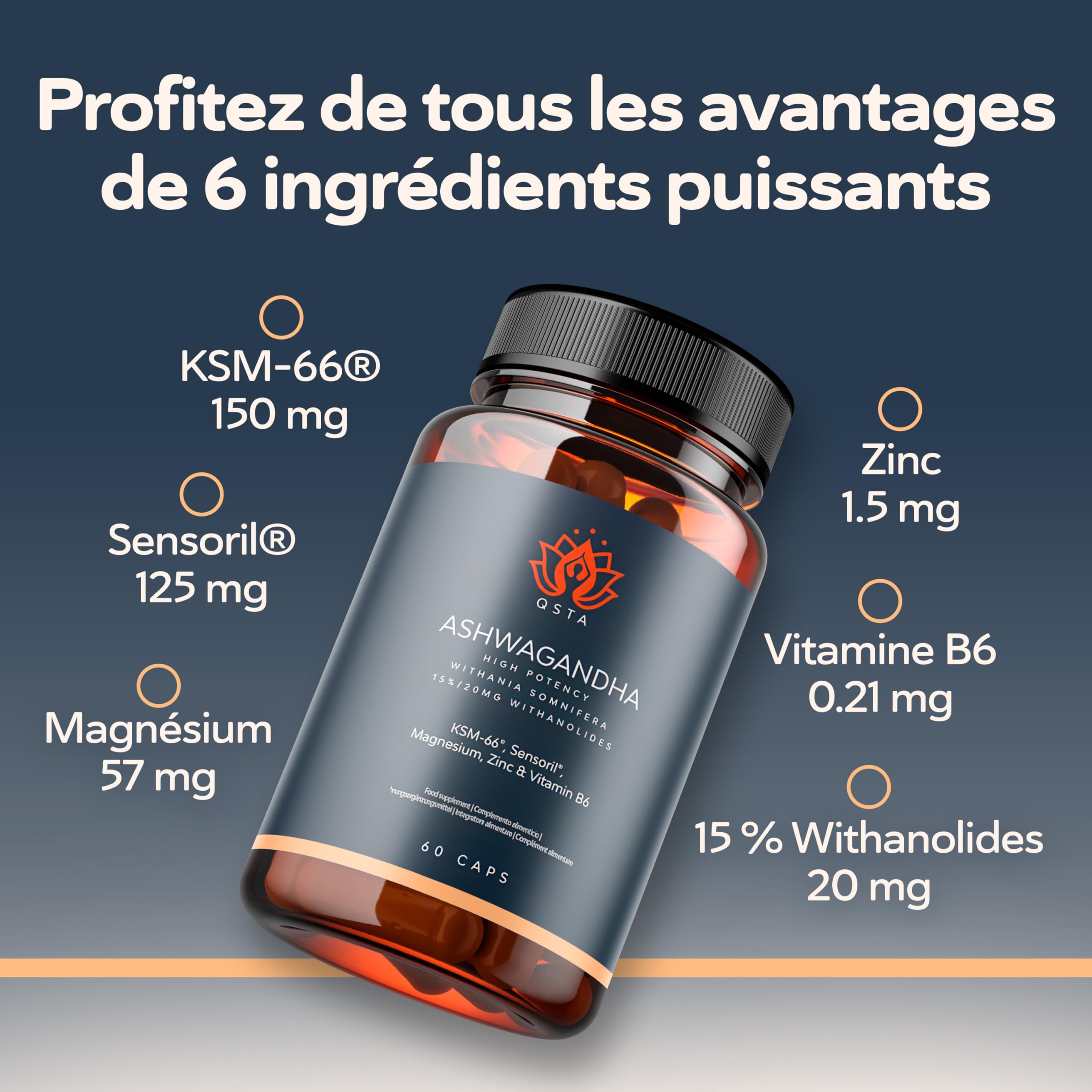 Ashwagandha KSM-66 + Sensoril (15-20% Withanolides) Adaptogène et Nootropique pour un Sommeil Profond, le Bien-être, l'Énergie, Cortisol | 2 mois