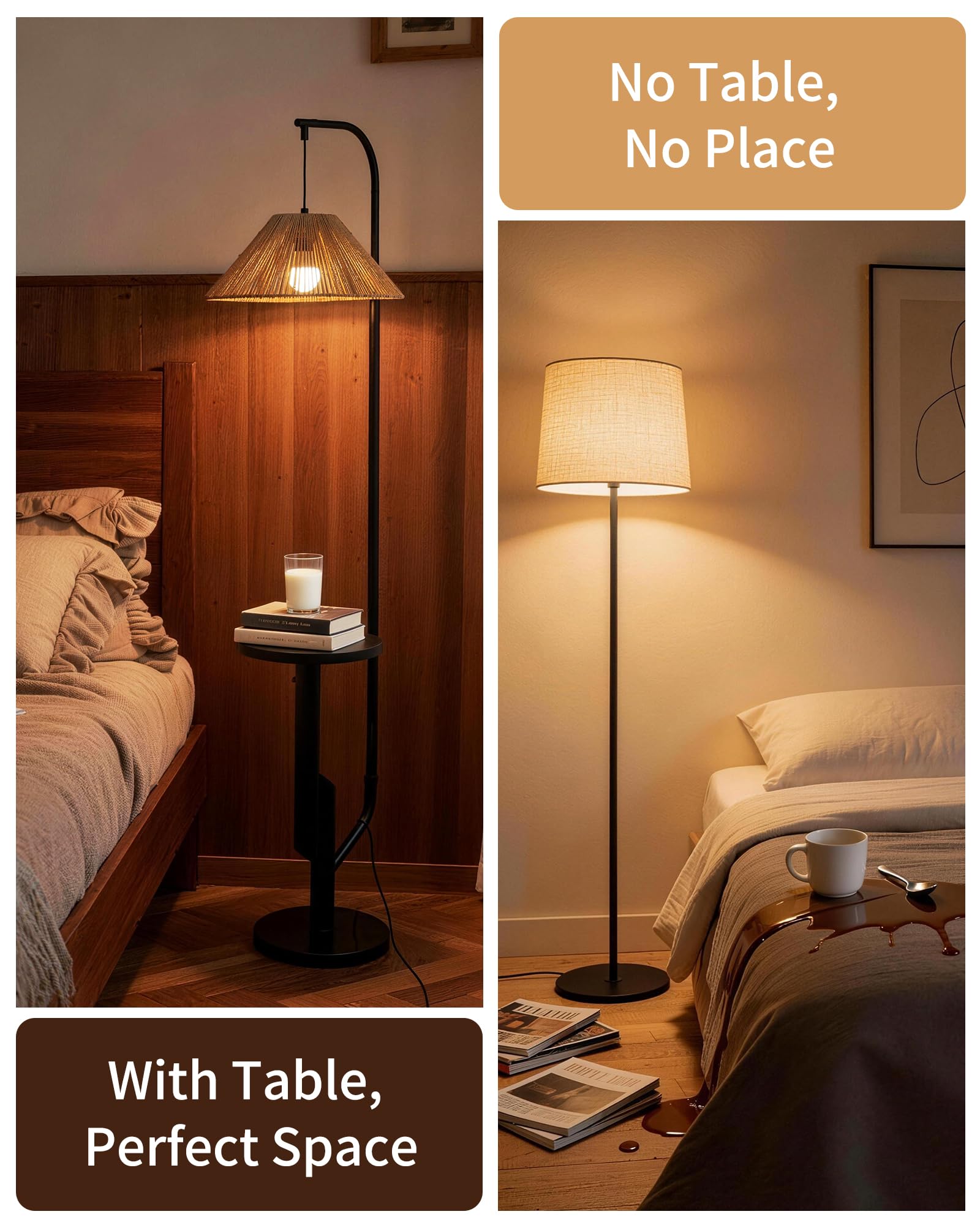 Stehlampe Wohnzimmer Rattan mit Ablage – Boho Stehleuchte E27 mit gewebtem Lampenschirm, 3 Farbtemperaturen einstellbar per Fußschalter, 175cm hoch für Schlafzimmer WOVI FL15