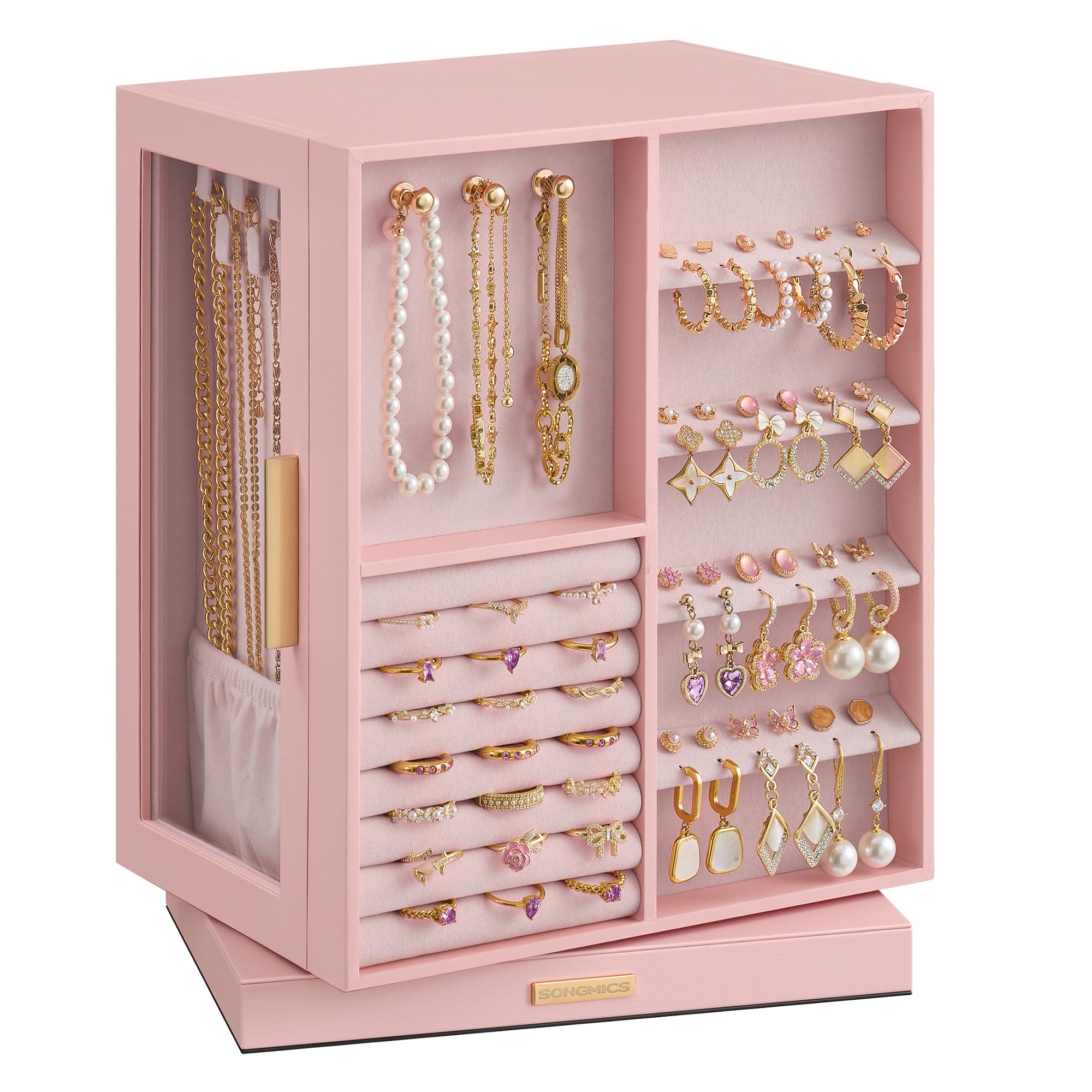 SONGMICS GISELLA Collection - Jewellery Box Organiser 360° Rotating, Vertical Jewellery Display Case with 5 Drawers, Glass Window, Spacious, Open Design, Great Gift, Jelly Pink JBC170R01