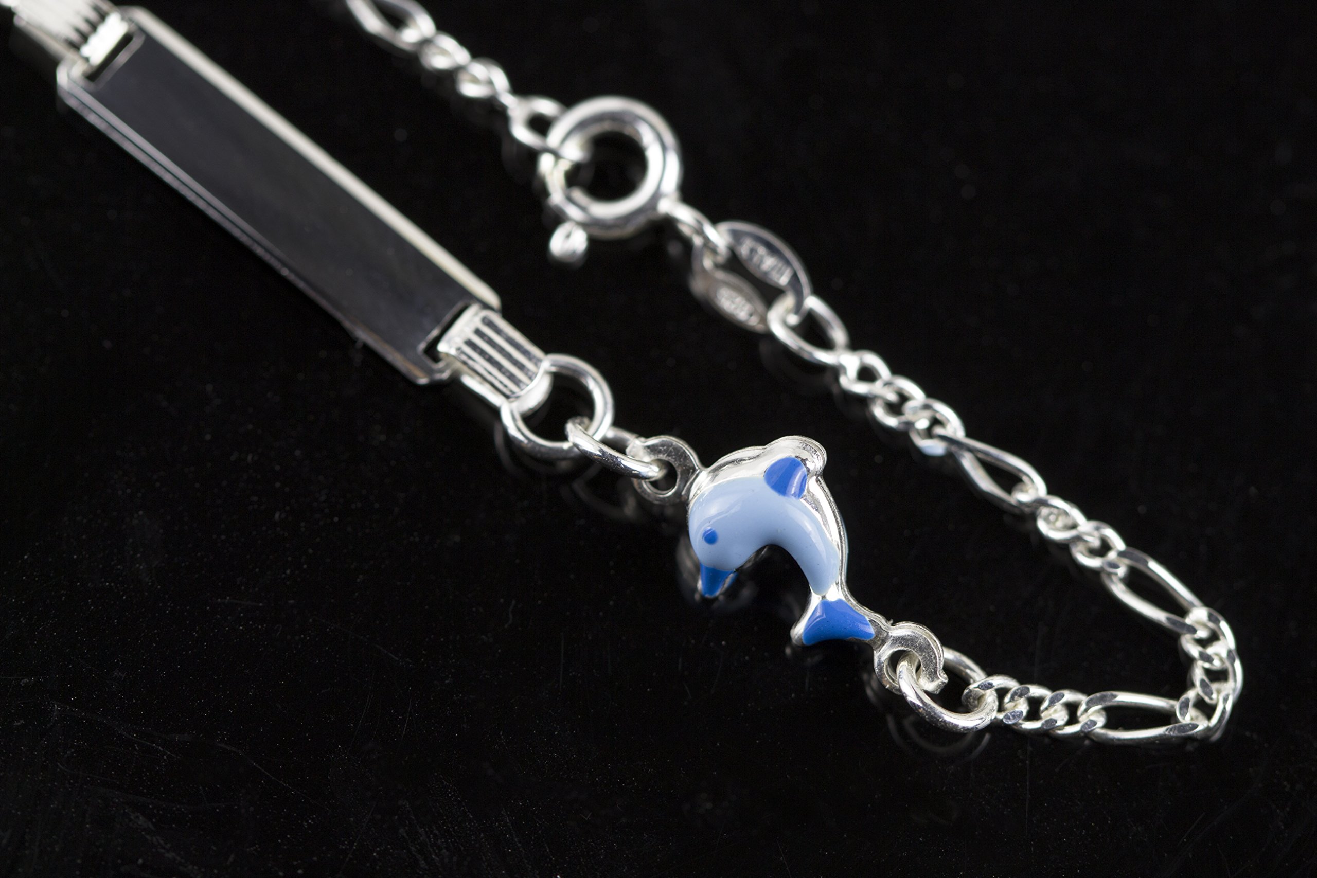 Aka Gioielli® - Bracciale Targhetta Identificativa Bambino Argento 925 con Delfino Azzurro Smaltato, Idea Regalo