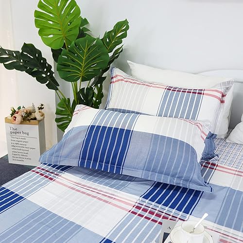 Miniatura 21 de Brandream Sábanas de tamaño individual 100% algodón, juego de sábanas a cuadros blancos y azules con bolsillos profundos de 18 pulgadas Blanco Azul