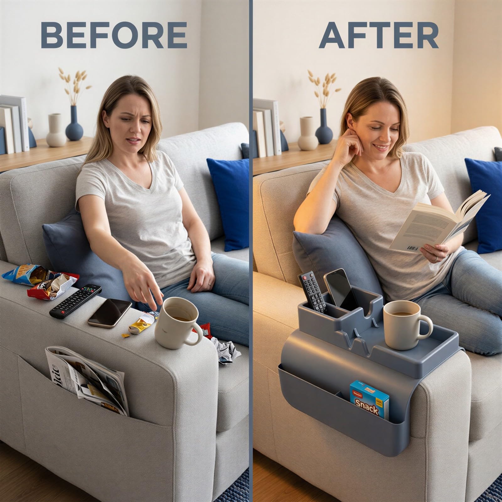 Plateau Porte-gobelet en Silicone pour accoudoir, Organiseur de canapé et Fauteuil Relax, imperméable, Support télécommande, Compartiment Snacks et téléphone, pour Larges accoudoirs