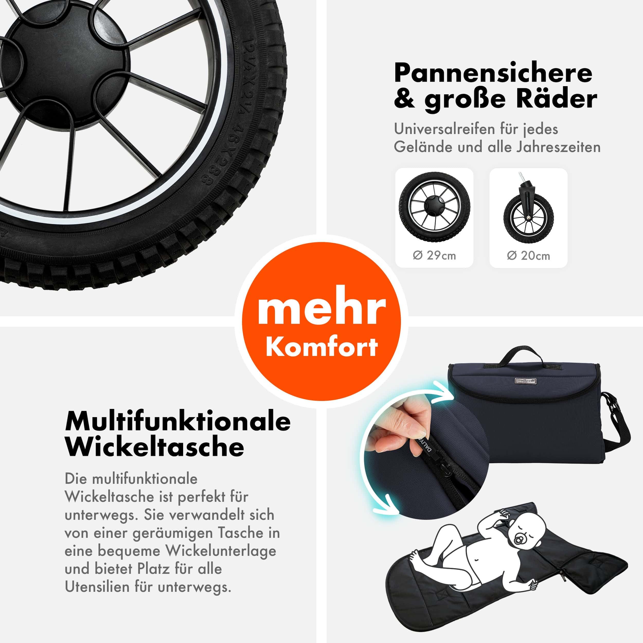 Daliya® FLEXI-PRO M 3in1 Kinderwagen & Buggy mit i-Size Babyschale, Viel Zubehör (Blau-Grau)