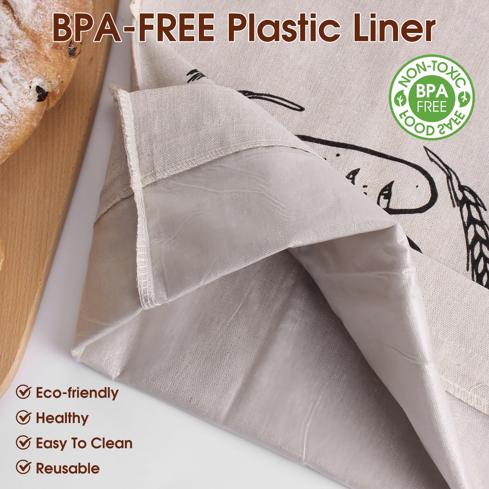 2 Pack Linen Bread Bag for Homemade Bread Container - Plastic Lined, 19.7 x 13.7 Inch Unbleached & Reusable Bread Storage for Bakery Baguette Picnic Wedding Wrapping Camping