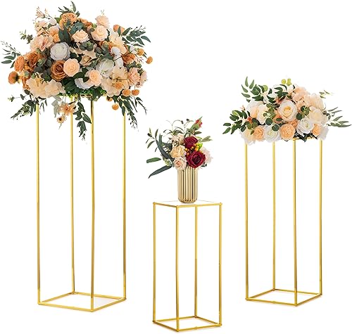 Centros de mesa de boda para mesas, 3 piezas de 23.631.539.4 pulgadas, soporte de flores doradas con panel acrílico, jarrones altos para centros de
