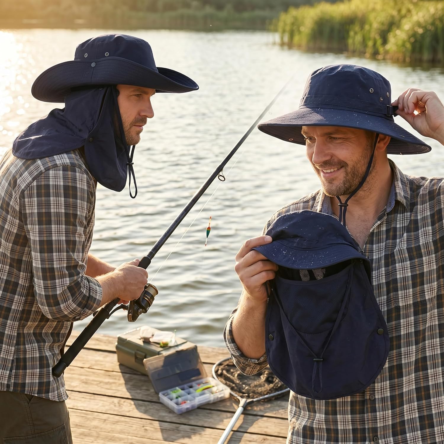 Boonie Hat with Neck Flap Wide Brim Sun Hat for Men, Detachable Waterproof Bucket for Fishing Hiking, Navy Blue