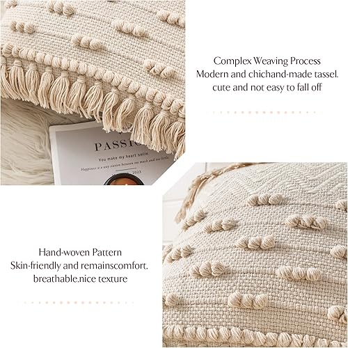 Miniatura 5 de Fundas de almohada bohemias hechas a mano de 18 x 18 pulgadas (paquete de 1), funda de almohada decorativa de hilo de algodón, color caqui y crema,