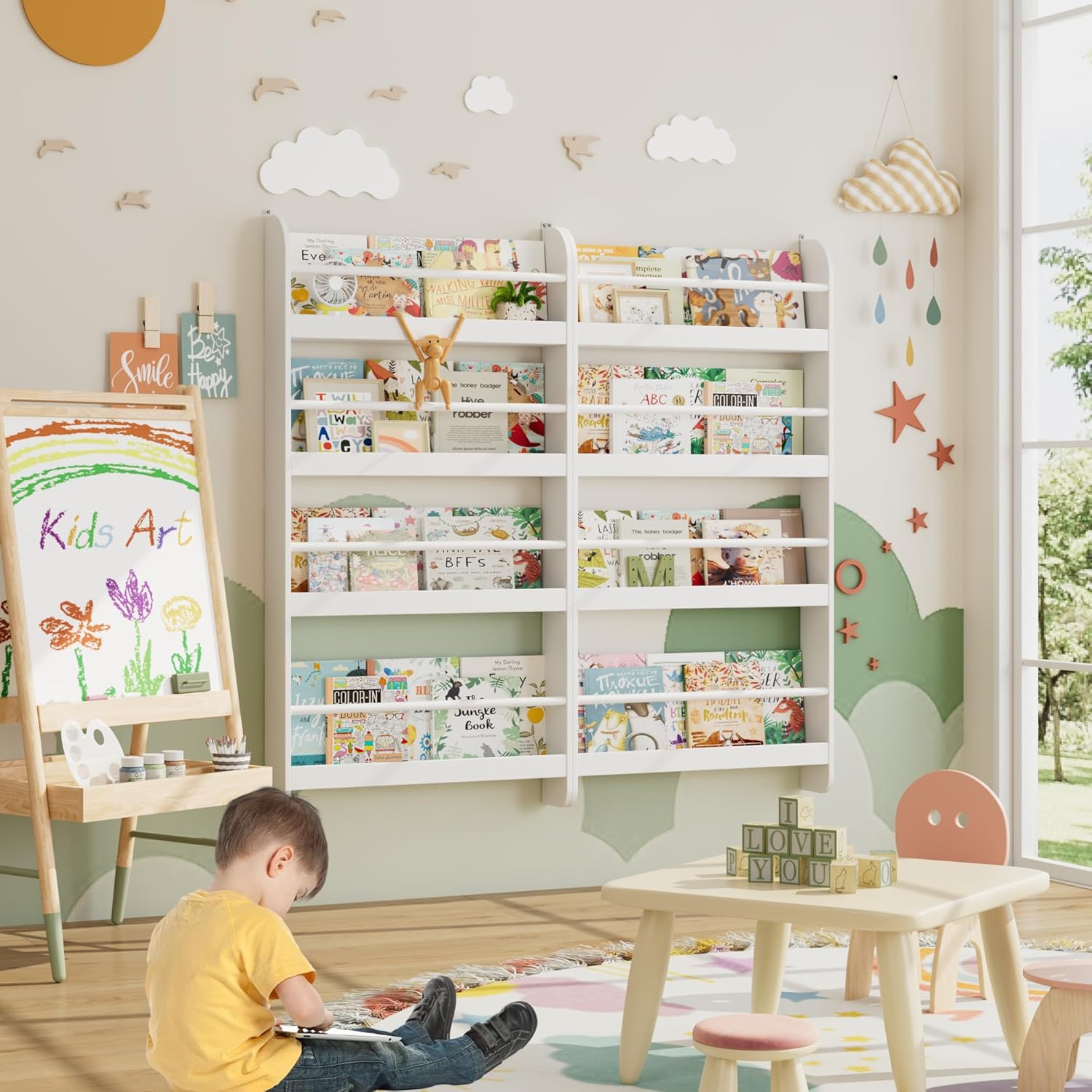 FOTOSOK Kids Bookshelf Set of 2, Wall Mount 4-Tier Book Shelf Organizer for Toys and Books, Toy Storage Bookshelf in Playroom, Kids Room and Nursery, White
