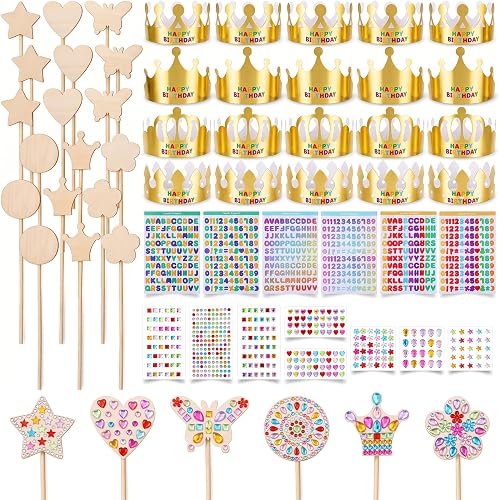52pcs Princess Fairy Wands Kit,Make Your Own Princess Wand Include 18 Pieces 6 Styles Unfinished Wooden Princess Wand,Gold Paper Crowns, Gem Stickers, Letter and Number Stickers, Princess Art Magical