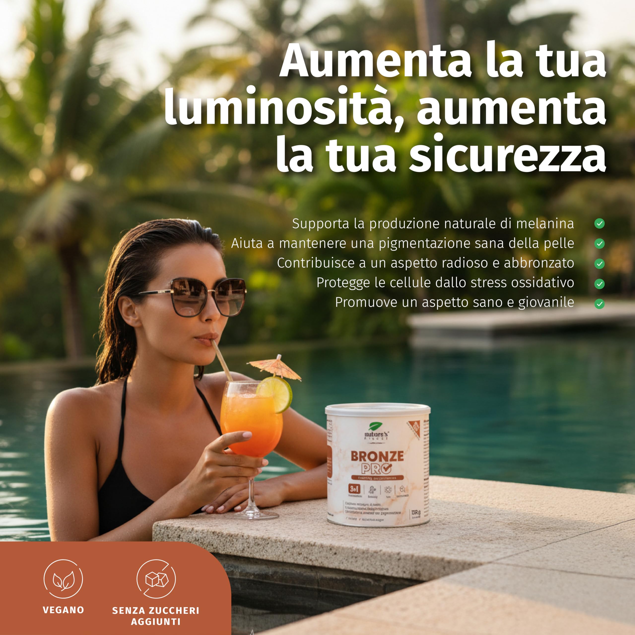 Nature's Finest Bronze PRO - Integratore Solare con Betacarotene Ultra Attivo - Abbronzante da Bere per Corpo e Viso - Acceleratore Naturale, Autoabbronzante, Protezione Solare - 125 g