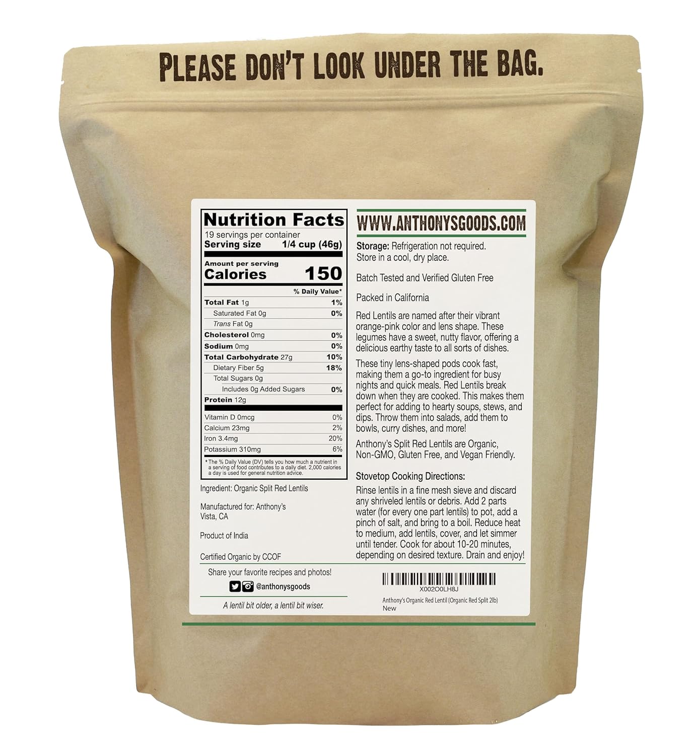 Anthony's Organic Split Red Lentils, 2 lb, Masoor Dal, Gluten Free, Non GMO, Vegan (Pack of 2)
