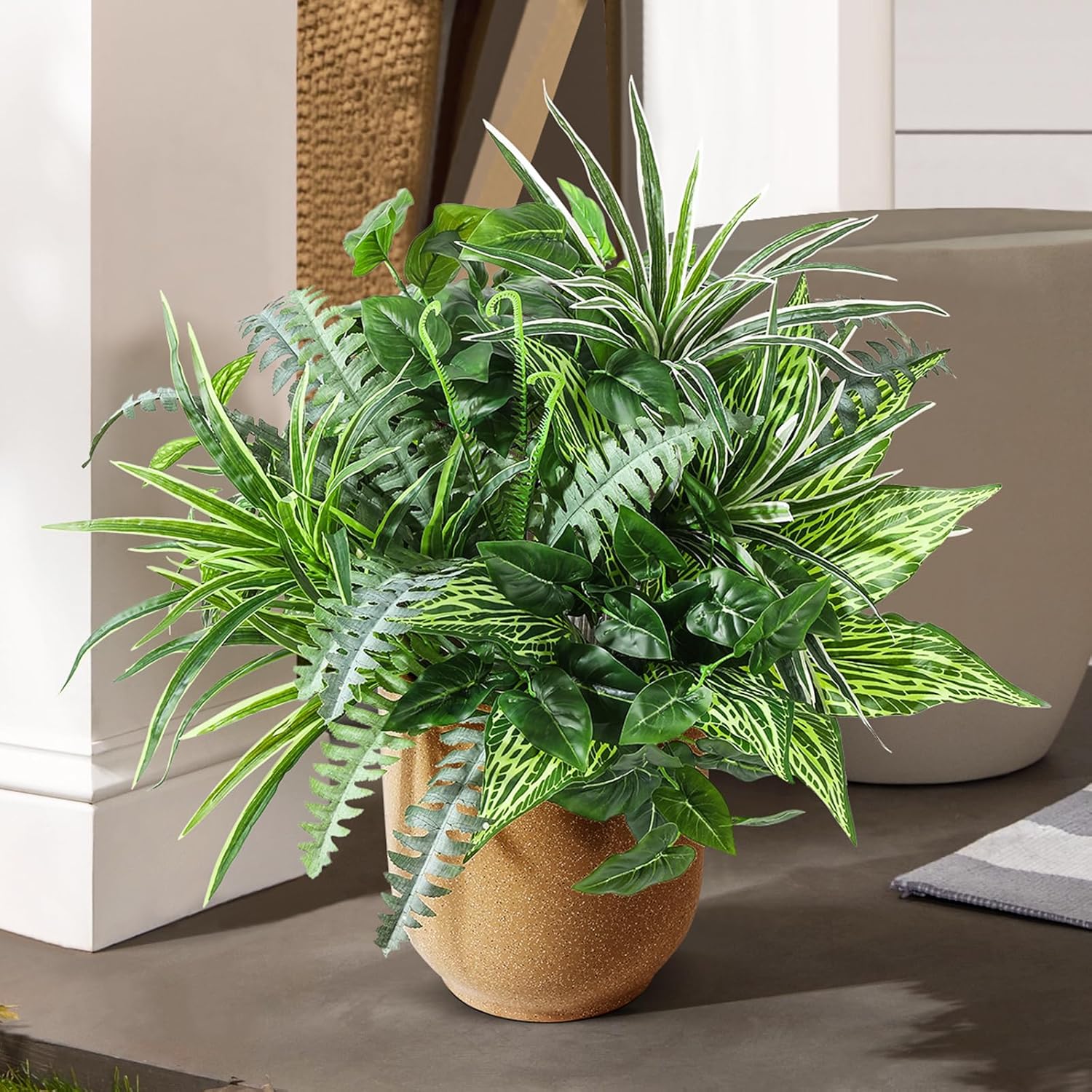 10 Bundles Artificial Plants, UV Resistant Outside Faux Plants Bushes, Large Fake Realistic Plastic Leaves and Stems, for Outdoor Garden, Patio, Yard,Porch Decor (Green)