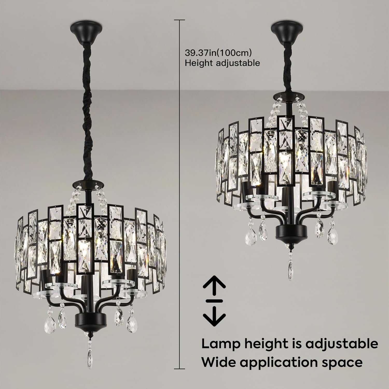 15Inch Crystal Chandelier Pendant Light Fixtures,Recessed Ceiling Lights Black Length Adjustable Hanging Light Sconce for Living Room Bedroom Kitchen Restaurant,E12 Pendant Lamp Indoor Lighting