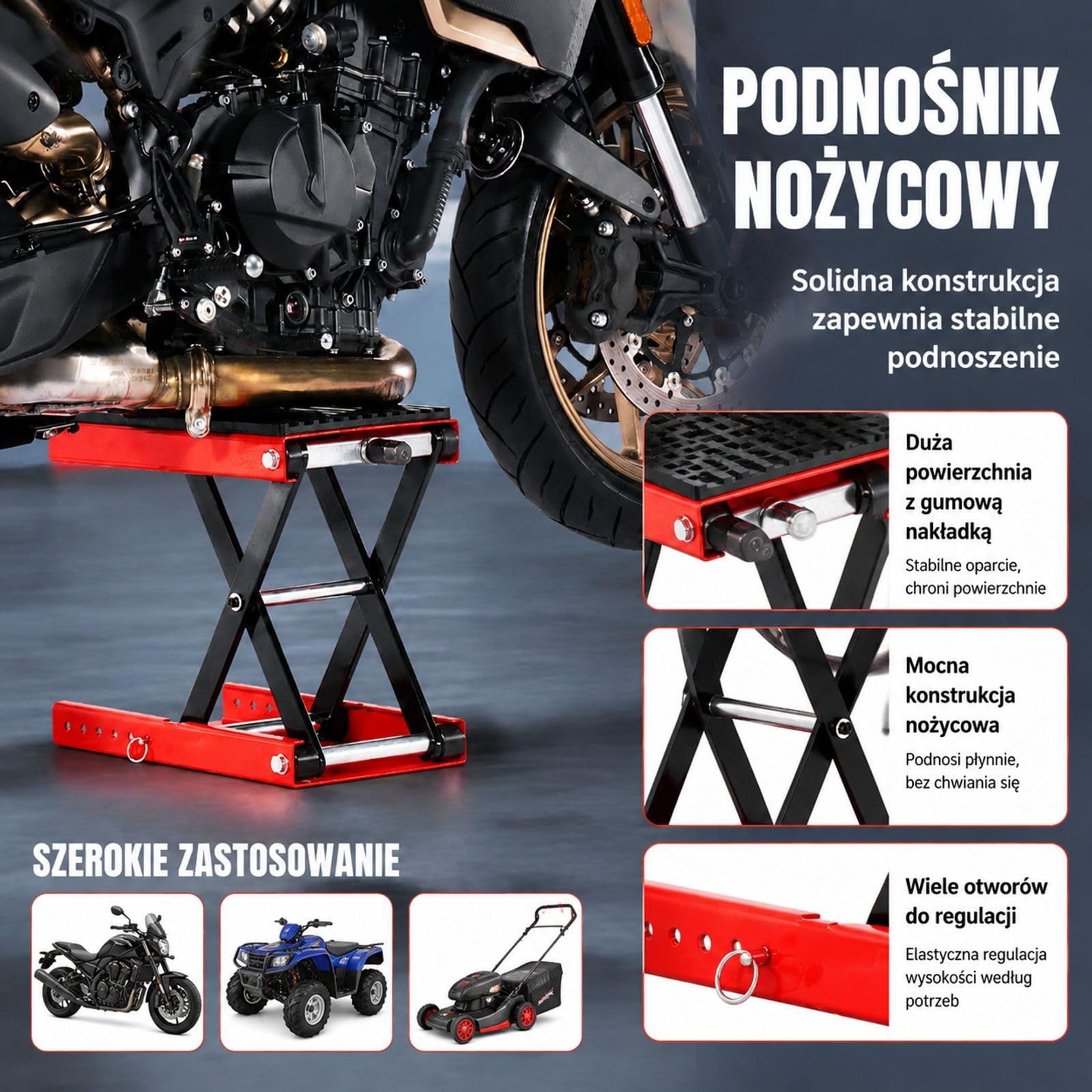 Stalowy podnośnik nożycowy do motocykli z szeroką platformą, kluczem grzechotkowym i korbą do motocykli terenowych