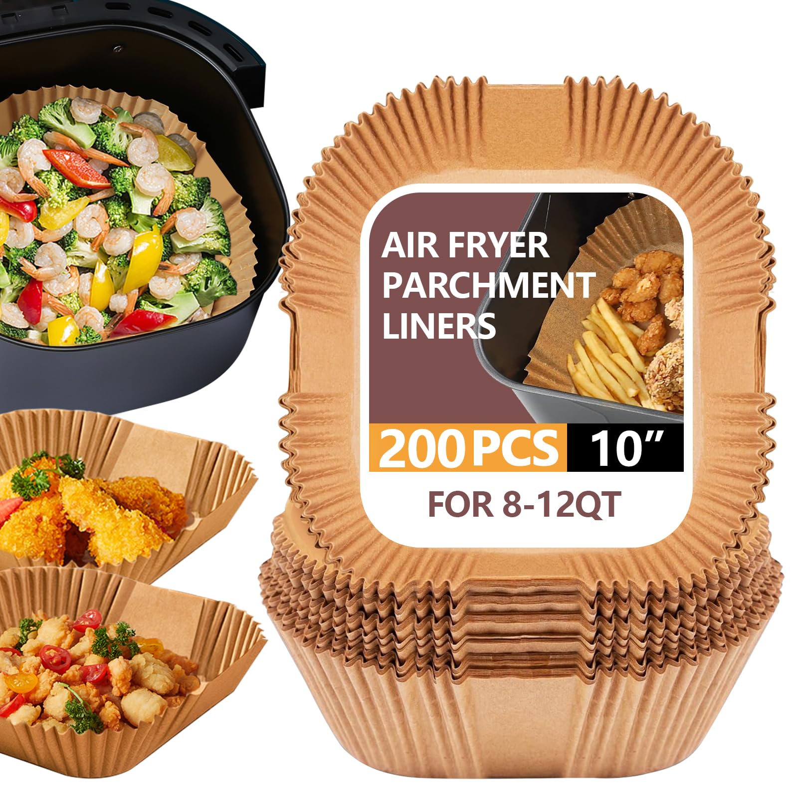 UBeesize XL 10 Inch Air Fryer Paper Liners, 200 PCS Parchment Paper, Air Fryer Disposable Paper Liner for Microwave, Non-Stick Air Fryer Liners Square Free of Bleach （Bottom size 9 Inch）