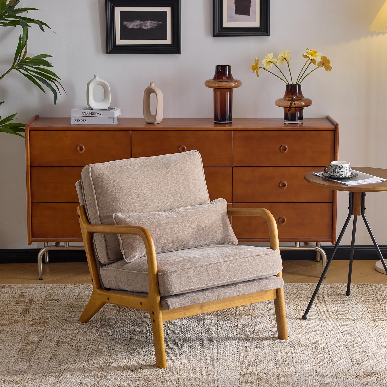 Bonnlo Accent Chair, Soild Wood Padding Lounge Armchairs, Occasional Reading Chair with Cushions and Lumbar Pillow, Armchairs for Living Room, Bedroom, Guest Room, Chenille, Khaki