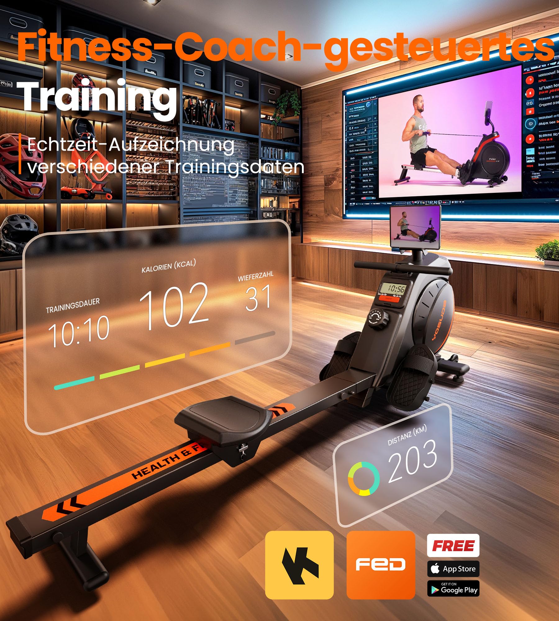 YOSUDA Upgrade Rudergerät für Zuhause, 16-stufiges HIGH-Power Magnetwiderstand (bis 41kg), APP & Bluetooth für Interaktive Workouts, Geräuschlos, Bis 160 kg, Platzsparend faltbar, Rowing Machine