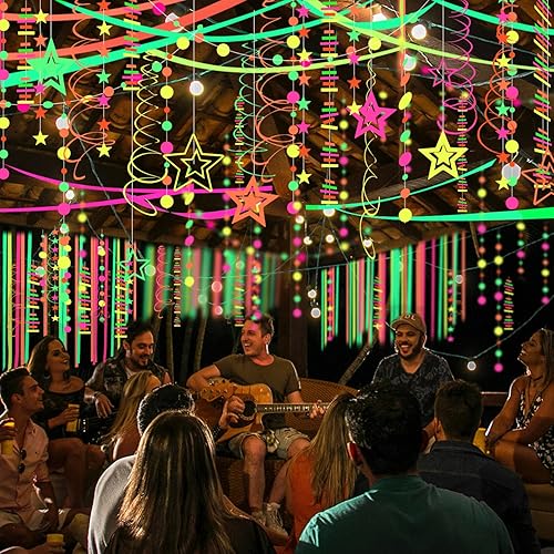 Miniatura 14 de Guirnalda de papel de neón de estrella de 108 pies, suministros de fiesta con serpentinas de neón para luz negra, accesorios de fiesta, pancarta
