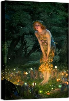 Wieco Art Canvas Print Wall Art Fairy Tale Midsummer Eve with A Girl and Elves by Edward Robert Hughe Neoclassical Art Nouveau Print Picture Artwork for Living Room Home Decorations