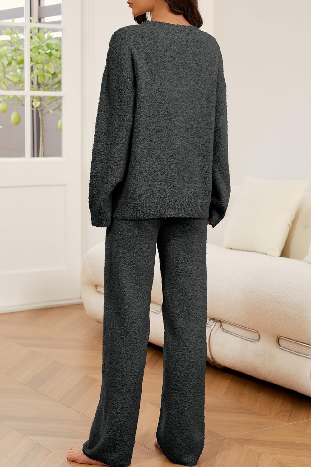 Lounge Sets for Women 2 Piece Fuzzy Fleece Pajamas Long Sleeve Oversized Lounge Set 2025 Fall Winter Trendy Black-grey M - Image 3