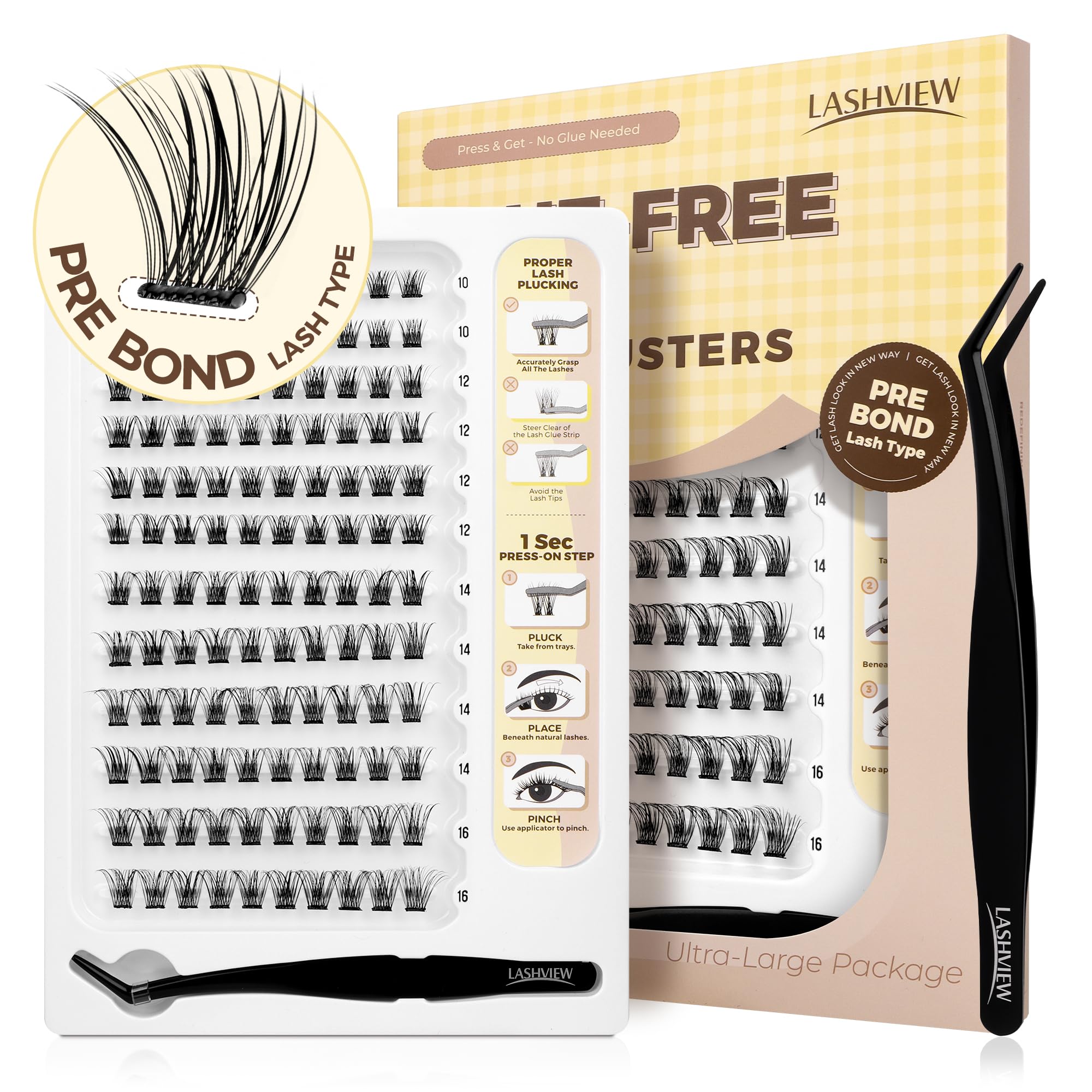 LASHVIEW Self Adhesive Lashes Clusters Eyelashes, 5+ Days Wear Press-on Lashes 10-16mm Individual Lash Extension Kit with Tweezers, No Glue Needed Natural DIY Kit (ZNF23) — view 16