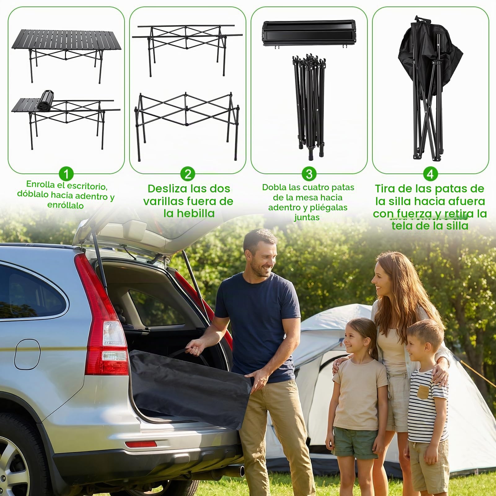 Conjunto De Mesa Y Silla Camping De 5 Piezas, Mesa De Camping Plegable Y 4 Sillas Plegables De Acero Al Carbono, Mesas Picnic Plegable Portátil Para Jardín, Terraza O Pesca (Negro)