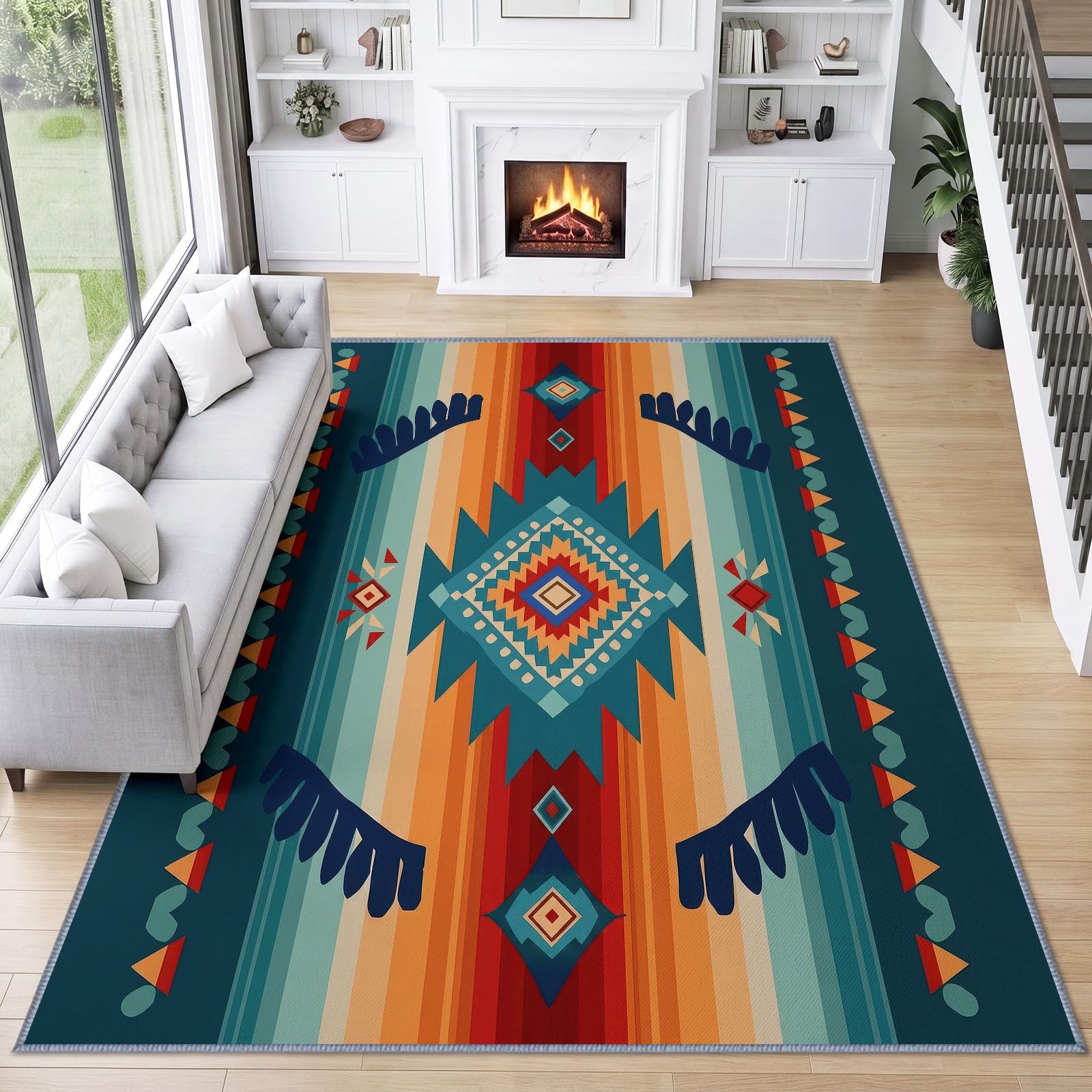 Generisch Raute Flammenstern Kurzflor Teppich 120 x 170 cmweich pflegeleicht, Ethno-Stil Waschbarer Teppich rutschfest Kurzflorig Weich für Wohnzimmer Schlafzimmer Esszimmer