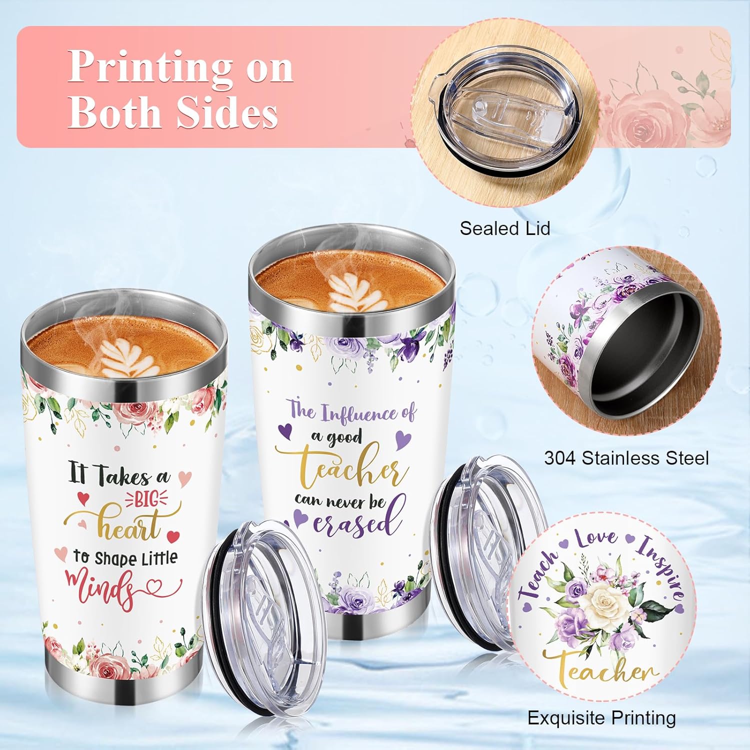 Skylety 4 Pcs Teacher Appreciation Gifts Tumblers for Women 20oz Stainless Steel Cups with Lids and Straws Inspirational Flower Coffee Mugs Teacher Birthday Graduation Retirement Gifts Set - Image 4