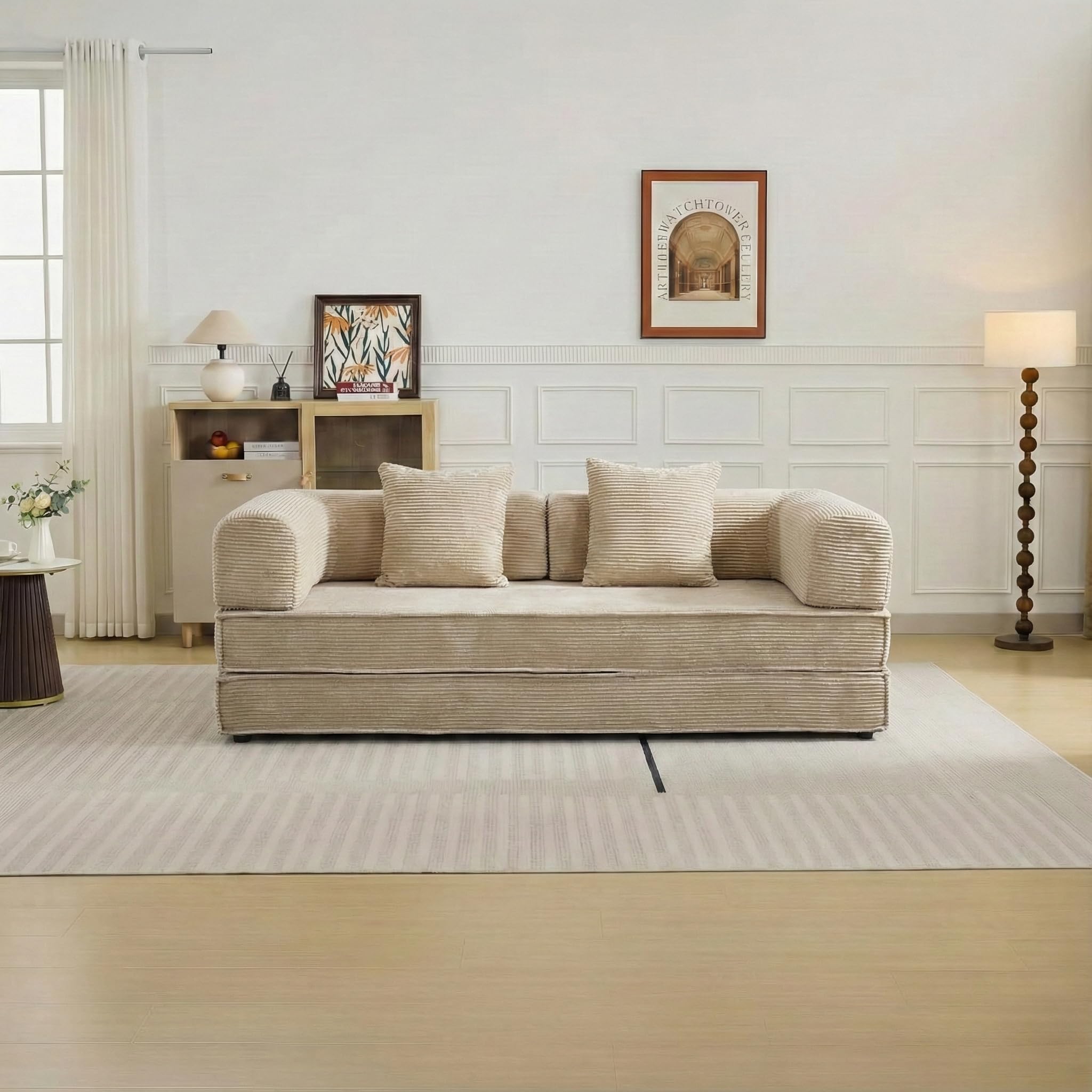 GEDTECH ARMANA 3 Places Convertible Lila en Velours côtelé Beige, modulable, Confortable, Structure en métal - Convertible, Multifonctionnel, livré compressé, Moderne et Personnalisable