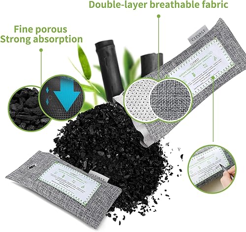 Miniatura 8 de CLEVAST Paquete de 6 bolsas purificadoras de aire de carbón de bambú (6 x 2.12 oz), absorbente de olores natural activado para el hogar, desodorante