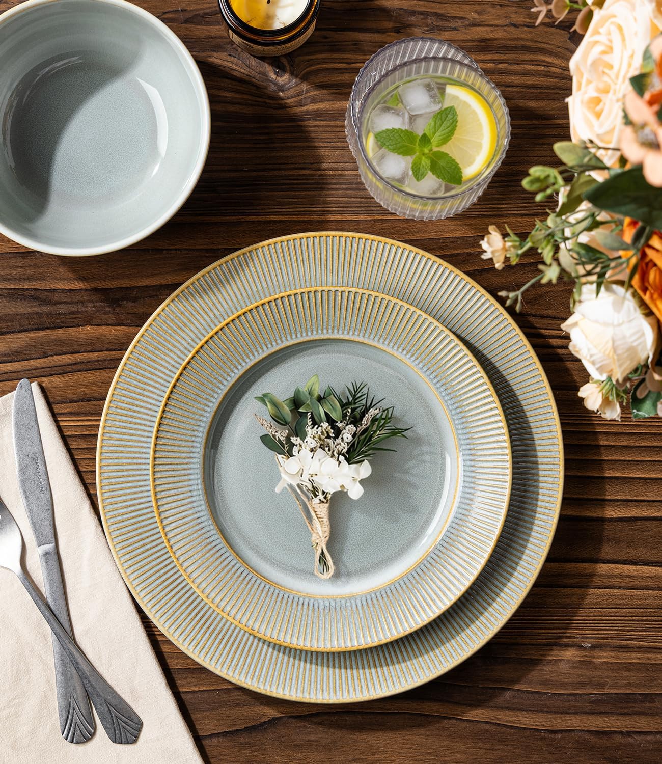 TheTerra Stoneware Dinnerware Sets for 4, 12 Pieces Ceramic Plates and Bowls Sets, Scratch Resistant Embossed Dish Set, Oven, Microwave & Dishwasher Safe, Desert Sage