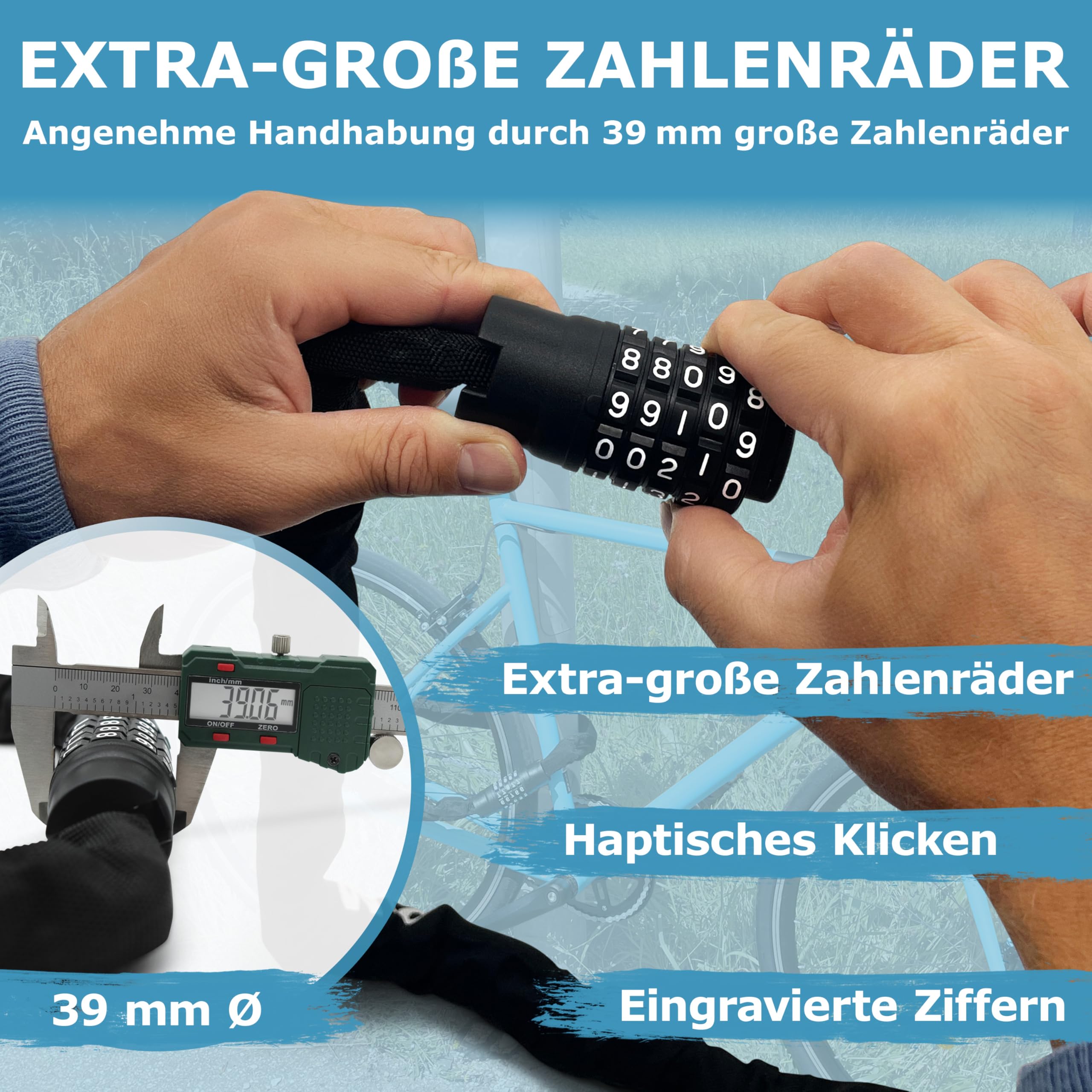 WIDDER Antivol à chaîne sécurisé de 8 mm avec code numérique (120 cm de long, roues à chiffres extra larges, chaîne en acier trempé) – Antivol pour vélo à chiffres haute sécurité – Antivol à