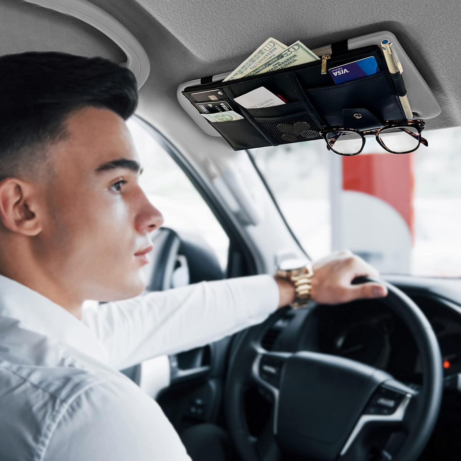 EcoNour Car Sun Visor Organizer (Black) | Multi-Pocket Net Zipper Case for Cash, Card, Pen & Sunglass | Visor Organizer Storage Pouch | Interior Accessories with Pocket for Car & Truck | Small