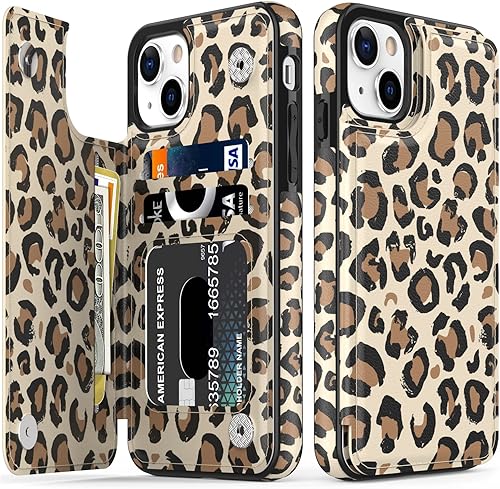 LETO Funda para iPhone 15 con tapa tipo cartera de cuero tipo folio, diseños de flores de moda, ranuras para tarjetas, función atril, funda