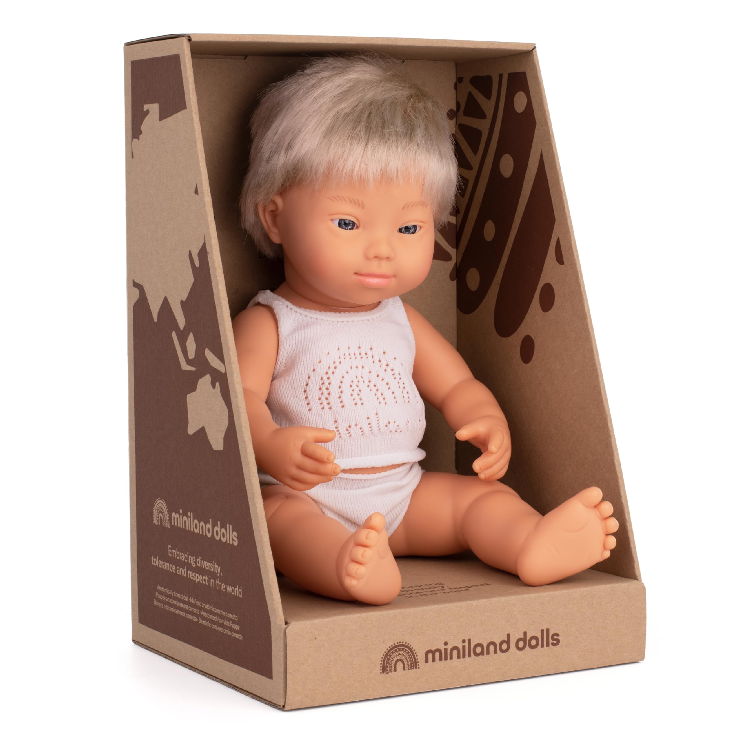Miniland Baby doll blonde boy with down syndrome 38cm in retail box with underwear