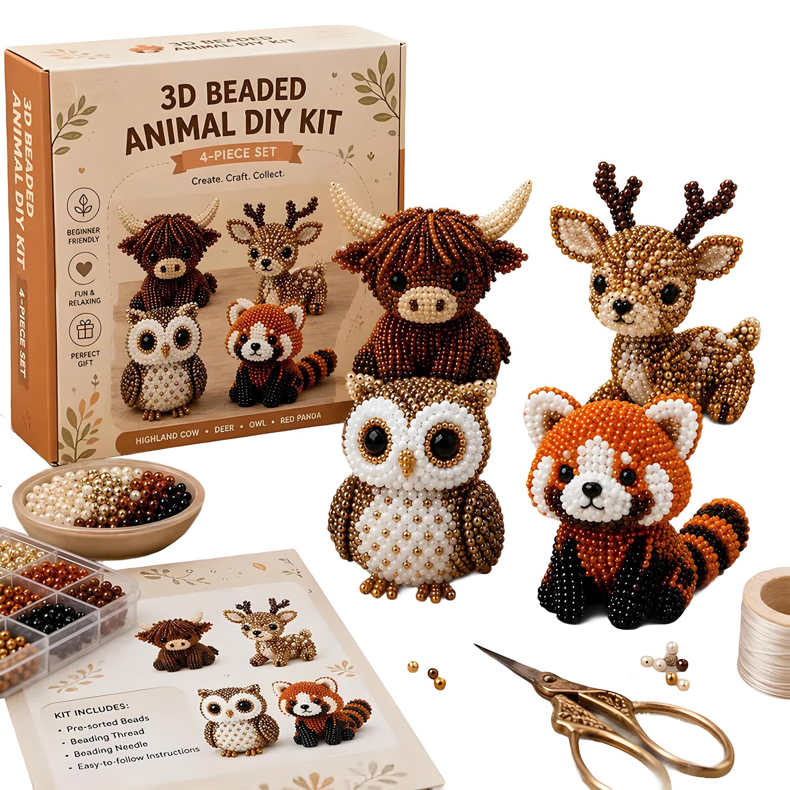 KOBONA DIY 3D Animals Bead Embroidery Set Complete Accessories Beadwork Crafts Kit for Crafting Enthusiasts Girls Women Teens Adults