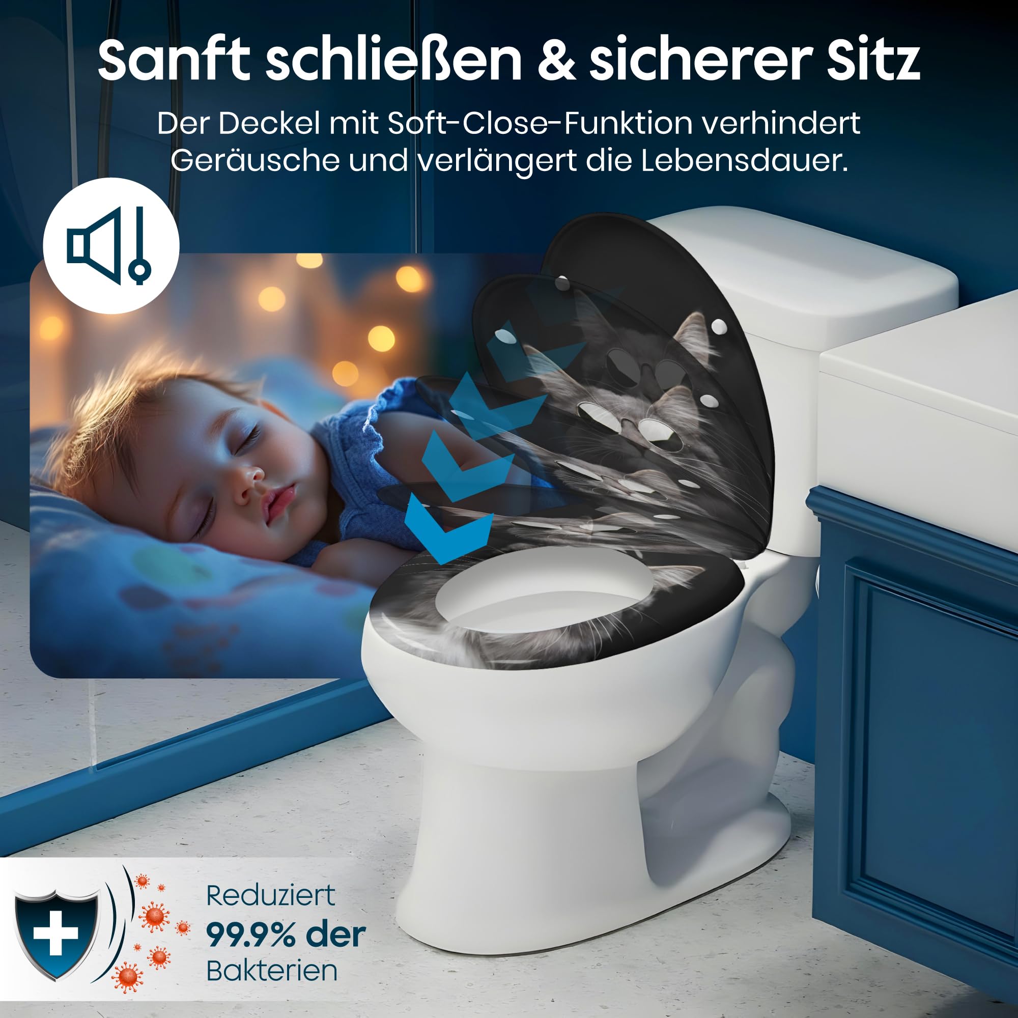 WC Sitz Mit Absenkautomatik -Antibakteriell, Toilettendeckel Mit Absenkautomatik UV-Beständig, Klodeckel Mit Absenkautomatik - Quick-Release Funktion, Inkl. Installationsschablone (Cool Cat)