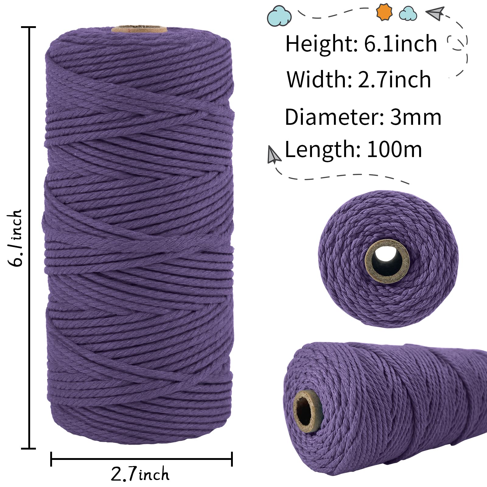 Uiopa Filo Macramè 3mm x 100m Cordoncino Cotone Naturale