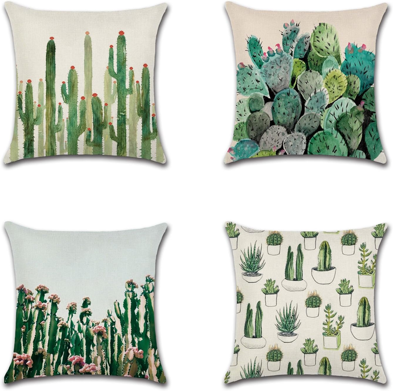 Zeafin Cotton Linen Square Decorative Throw Pillow Case Cushion Cover Cactus Print 18 Inch 4pc