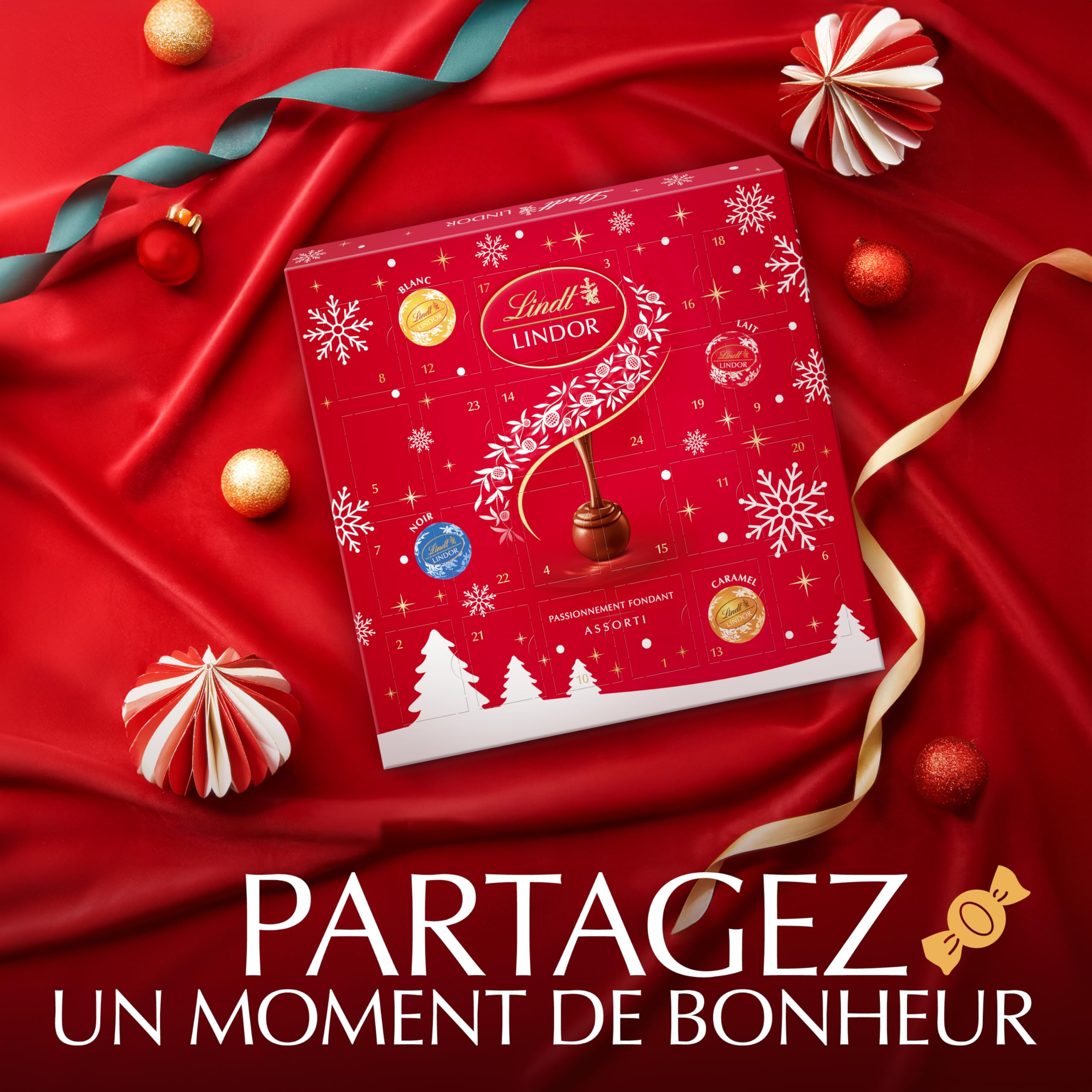Lindt - Calendrier de l'Avent LINDOR - Assortiment de Chocolats au Lait, Noirs, Blancs, Caramel - Idéal pour Noël, 109g