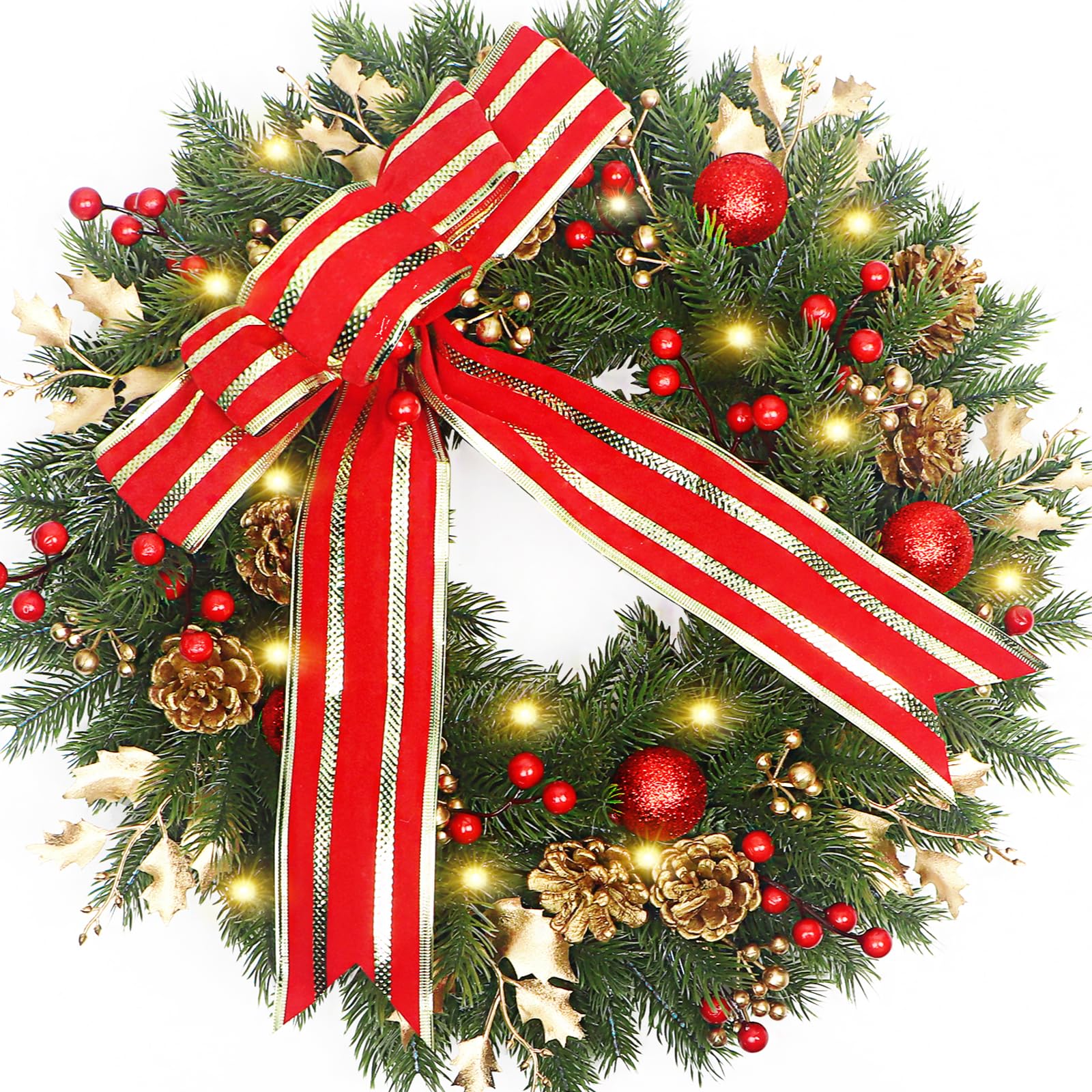 Couronne de Noël de 50,8 cm avec nœud pour porte d'entrée, couronne de Noël avec lumières et boules brillantes pour Noël, Nouvel An, décoration d'intérieur