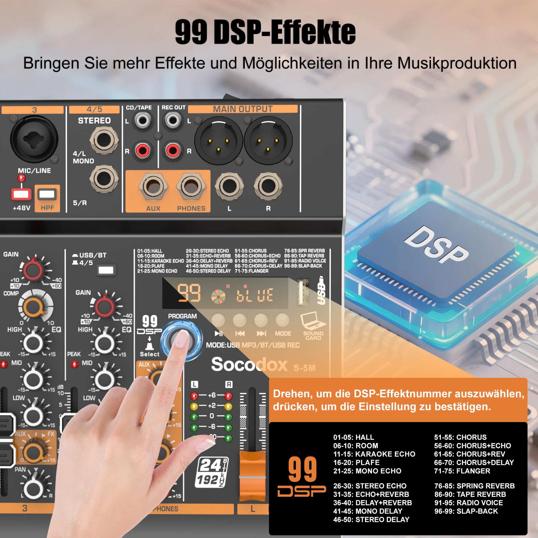 5-Kanal Mischpult Bluetooth 99 DSP-Effekte für Streaming Podcast | 48V Phantomspeisung, 3-Band EQ, USB-Aufnahme, Stereo-Eingang, rauscharm, Gain-Regler, Kopfhörerbuchse, Kirche, Karaoke, Live