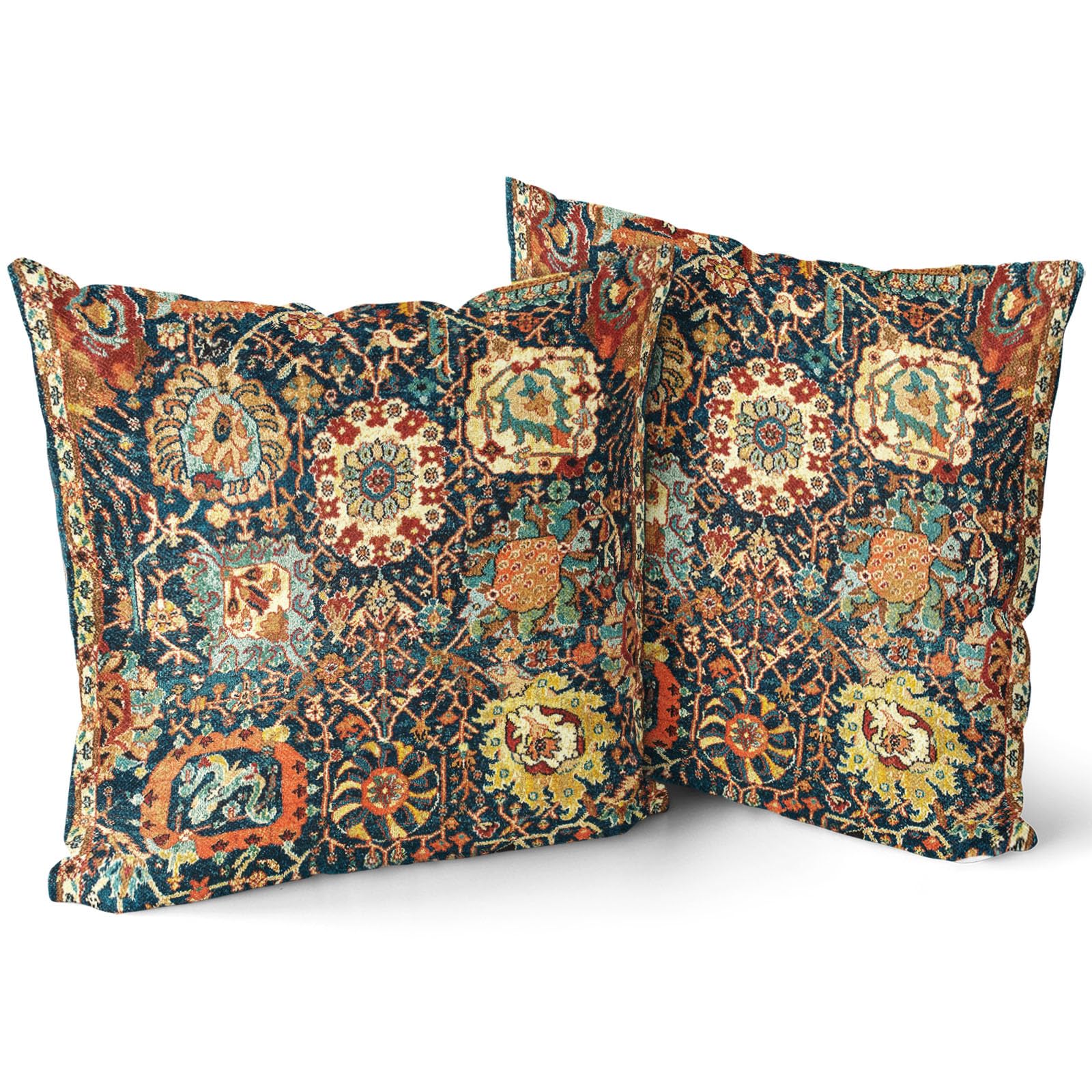 Orange Teal Blue Floral Vintage Bohemian Pillow Covers 24x24 Inch Yellow Brown Boho Flower Rug Oriental Carpet Pillow Cases Set of 2 Antique Tapestry Rustic Farmhouse Throw Pillows For Cushion Outdoor