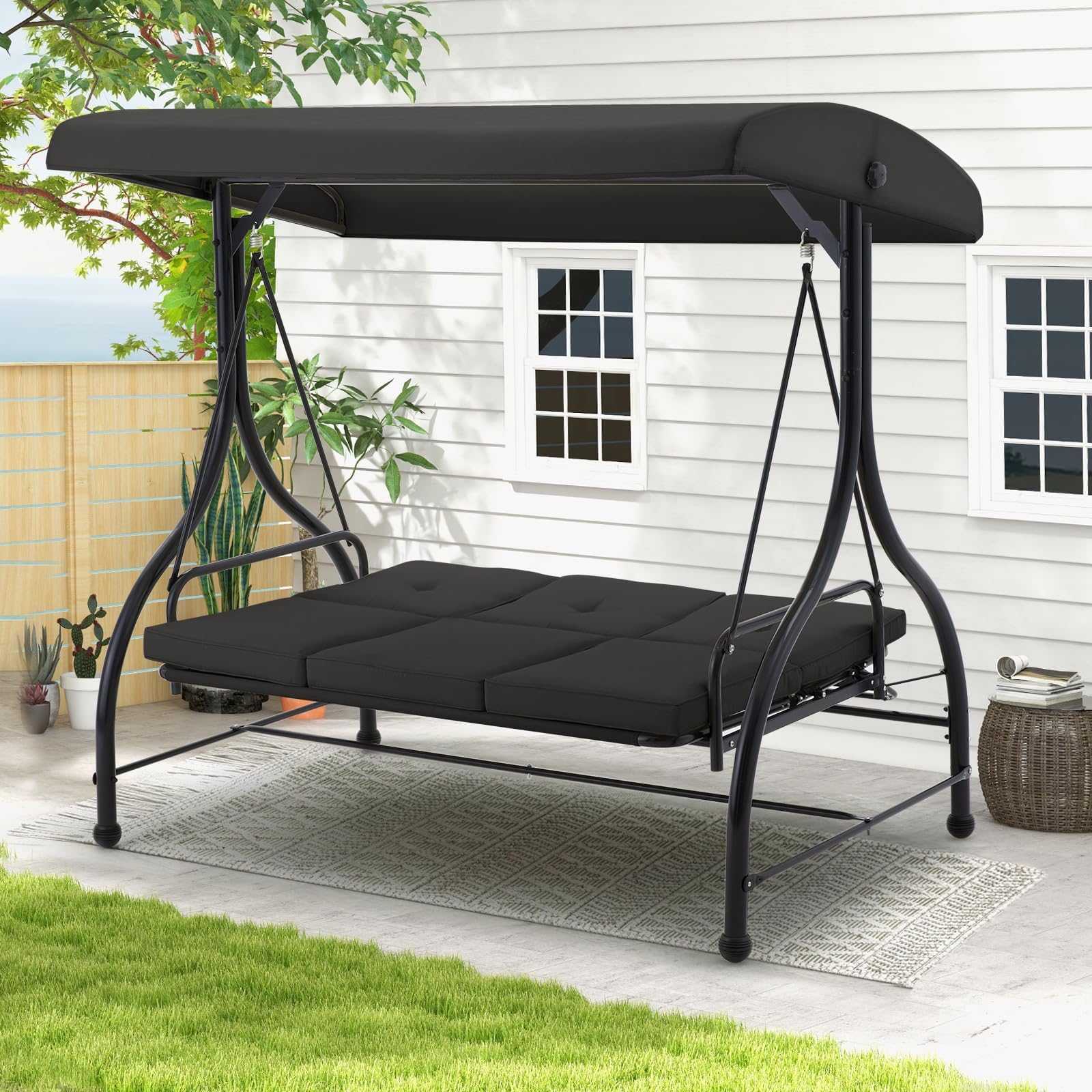 U-MAX Porch Swing Chair with Adjustable Backrest&Canopy, 3 Seat Patio Swing with Canopy 2-in-1 Convertible Outdoor Swing with Canopy Patio Daybed with Removable Black Cushions for Adults