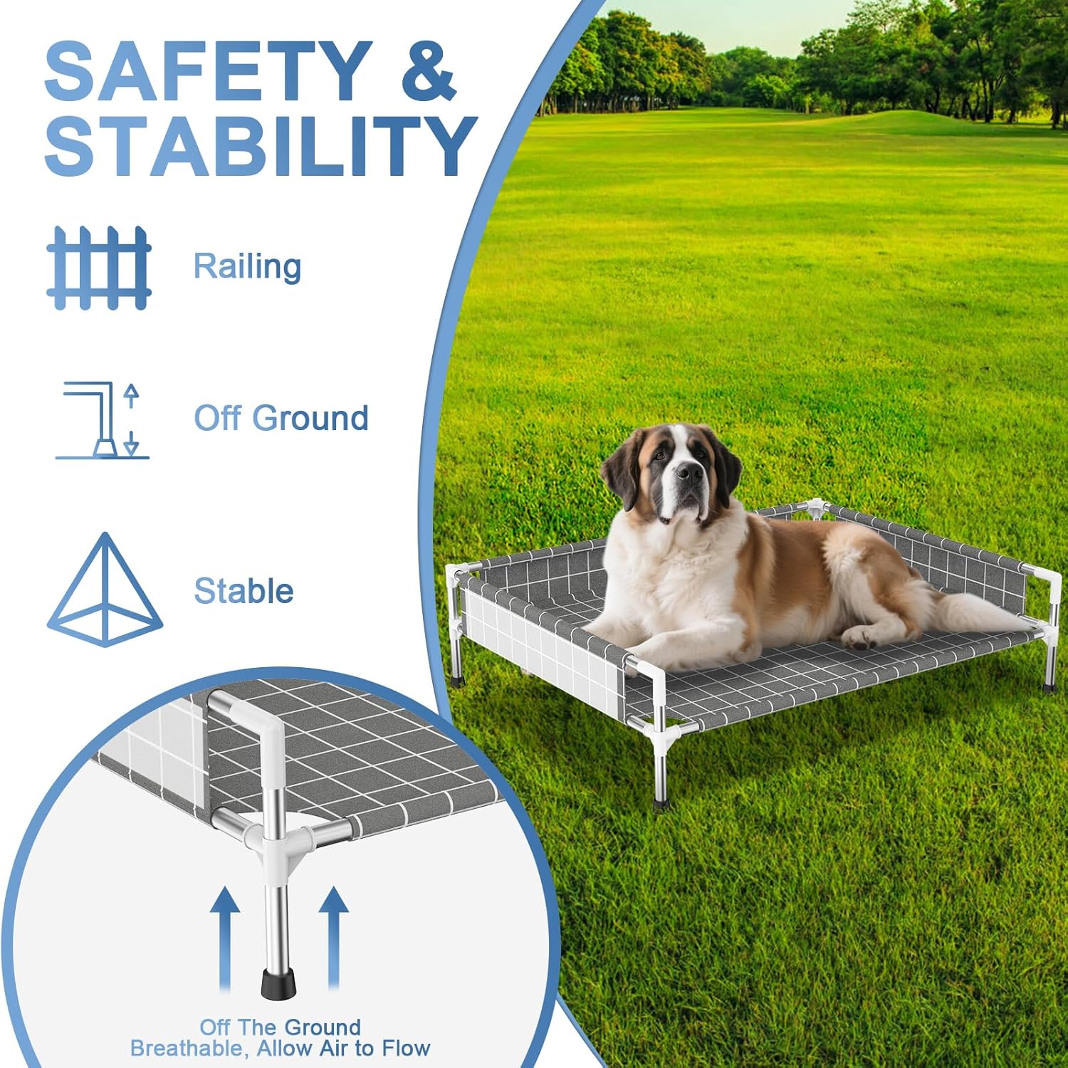 Elevated Dog Bed with 3-Sided Fence - Raised Pet Bed with Non-Slip Feet, Durable Elevated Couch for Medium Dogs, Indoor/Outdoor Use with Easy-Clean Fabric