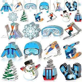 Geelin 36 Pcs Winter Ski Ornaments for Tree Skiing Snowboard Hanging Ornaments Snow Winter Decor Skateboard Lodge Wood Cutouts Home Hanging Decoration for Party Holiday Supplies