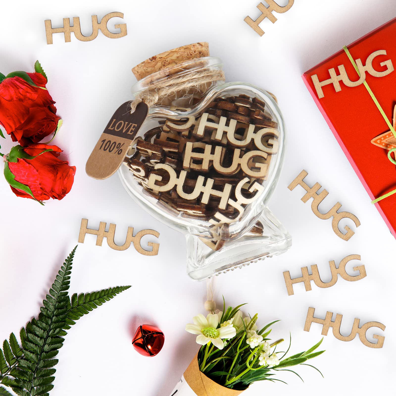 Hugs in a Jar,Jar of Hugs Gift for Birthday,Anniversary,Christmas,Valentine's Day,Thanksgiving. HUG Wooden Cutout Letter Gifts for Parents and Relatives,Friends.(HUG(Heart-shaped bottle))