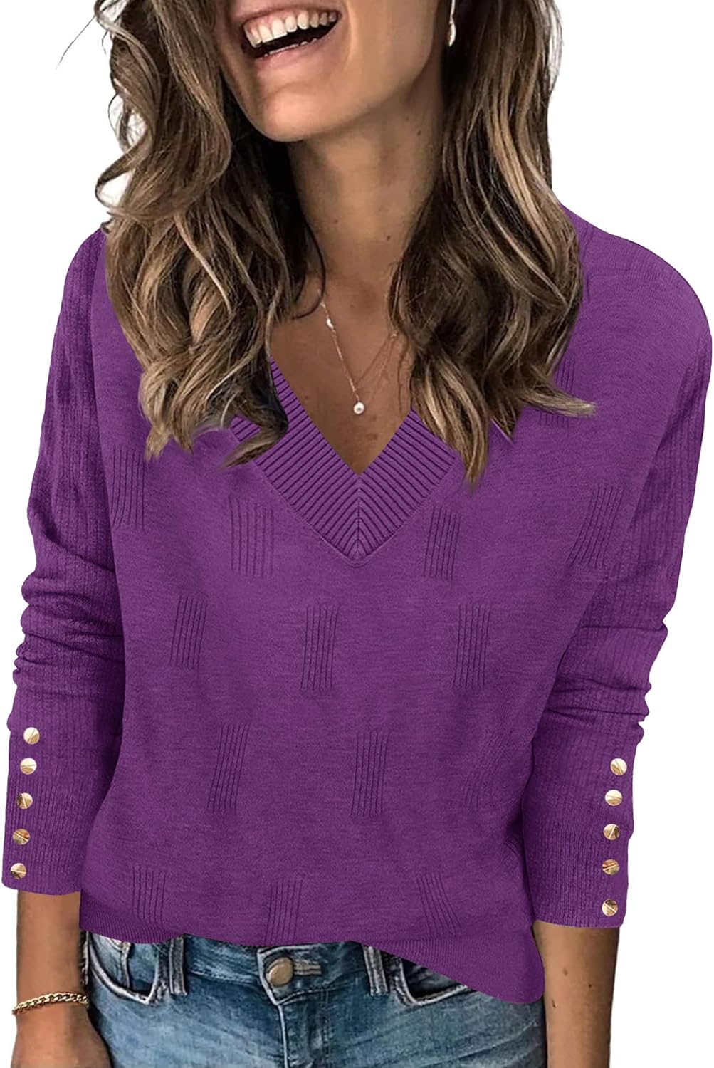Zeagoo Womens V Neck Sweaters Shirts Long Sleeve Lightweight Ribbed Knit Pullover Sweater Blouse Tops with Buttons Oufits - Image 2